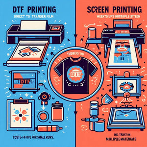 Comparison of DTF printing and screen printing showing processes and applications for custom fabric designs.