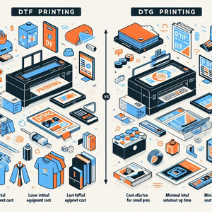 Comparison of DTF vs. DTG printing costs and equipment showing DTF Gang Sheet printing benefits and DTG