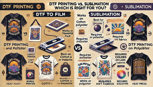 Comparison chart of DTF Printing vs Sublimation for various printing needs. Includes DTF to Film, DTF Printing on Polycotton, and Sublimation details.