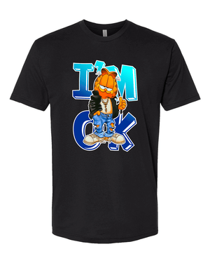 I'm OK black T-shirt featuring a cartoon character in a leather jacket and jeans, made of 100% soft spun cotton.