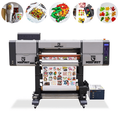 UV DTF transfer printing machine producing colorful custom waterproof and scratch-resistant stickers for hard surfaces