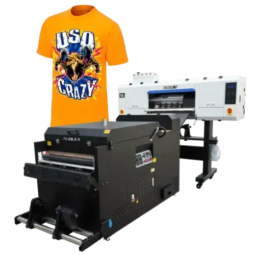 Custom Direct to Film (DTF) Transfer Printer with Vivid Full-Color Design on Orange T-Shirt