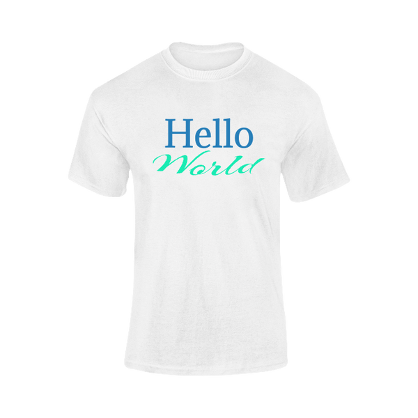 Personalized white t-shirt with "Hello World" text in blue and green fonts by ModFirst Apparel