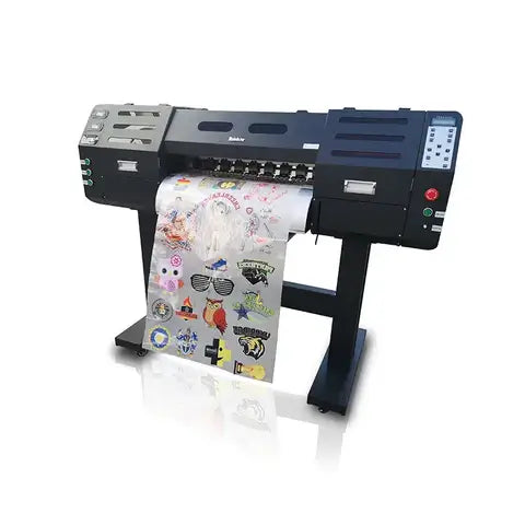 Digital heat transfer printer creating full-color custom DTF transfers with vivid images.