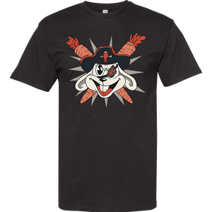 Black T-shirt with pirate bunny graphic, 100% soft spun cotton - perfect for casual wear.