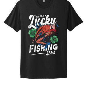 Black Lucky Fishing T-Shirt with Red Fish and Clover Design