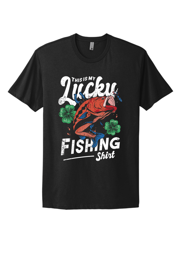 Black Lucky Fishing T-Shirt with Red Fish and Clover Design