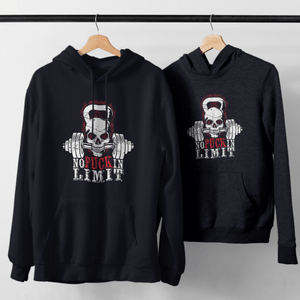 Two black No Limits Hoodies with skull and barbell design, front pouch pocket, and rib knit cuffs and hem hanging on a clothing rack.