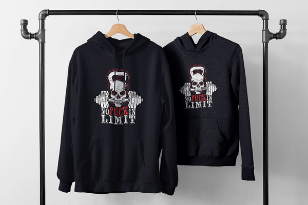 Two black No Limits Hoodies with skull and barbell design, front pouch pocket, and rib knit cuffs and hem hanging on a clothing rack.