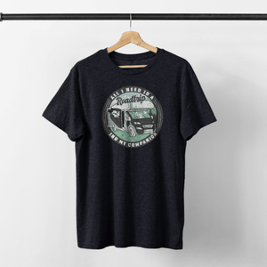 Roadtrip-Tshirt in black with vintage car graphic and text 