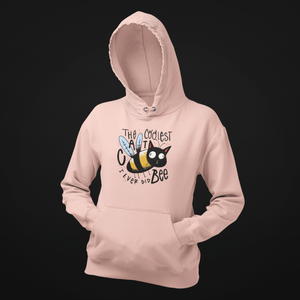 Pink BeeCat Hoodie with front pouch pocket, 80/20 cotton/poly blend, rib knit cuffs and hem, featuring a bee design on the front.