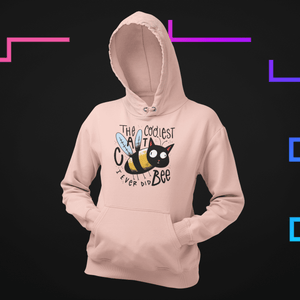 BeeCat Hoodie, 80/20 cotton/poly blend, front pouch pocket, rib knit cuffs and hem, light pink with cute cat and bee graphic design.